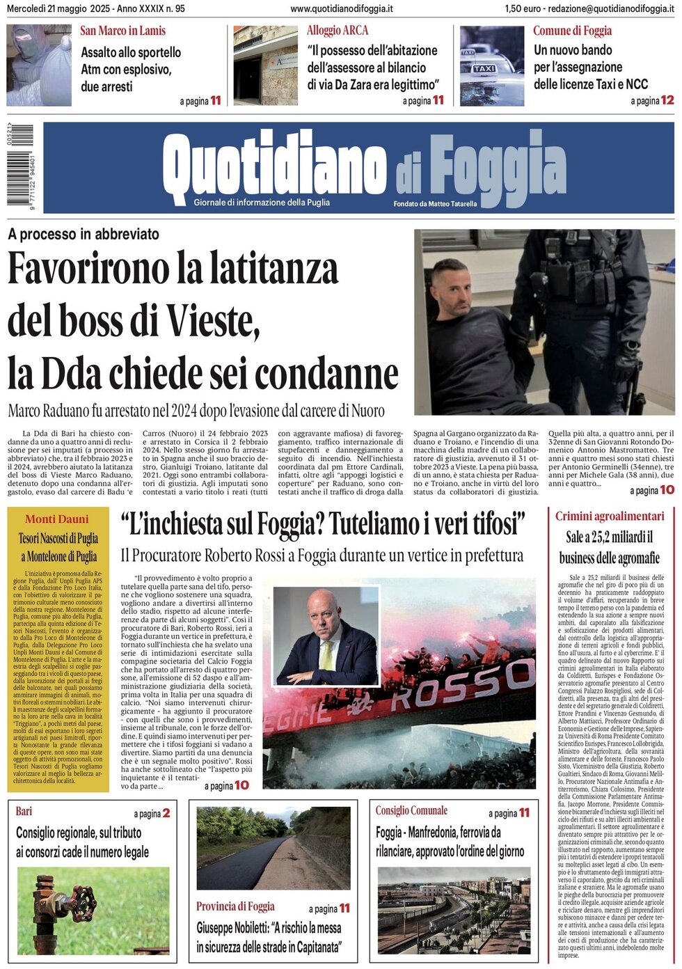 Prima Pagina Quotidiano di Foggia 21/05/2025