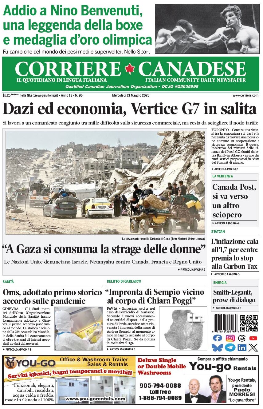 Prima Pagina Corriere Canadese 21/05/2025