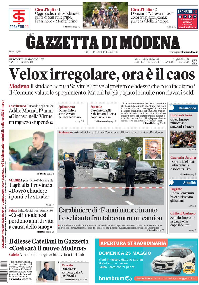 Prima Pagina Gazzetta di Modena 21/05/2025