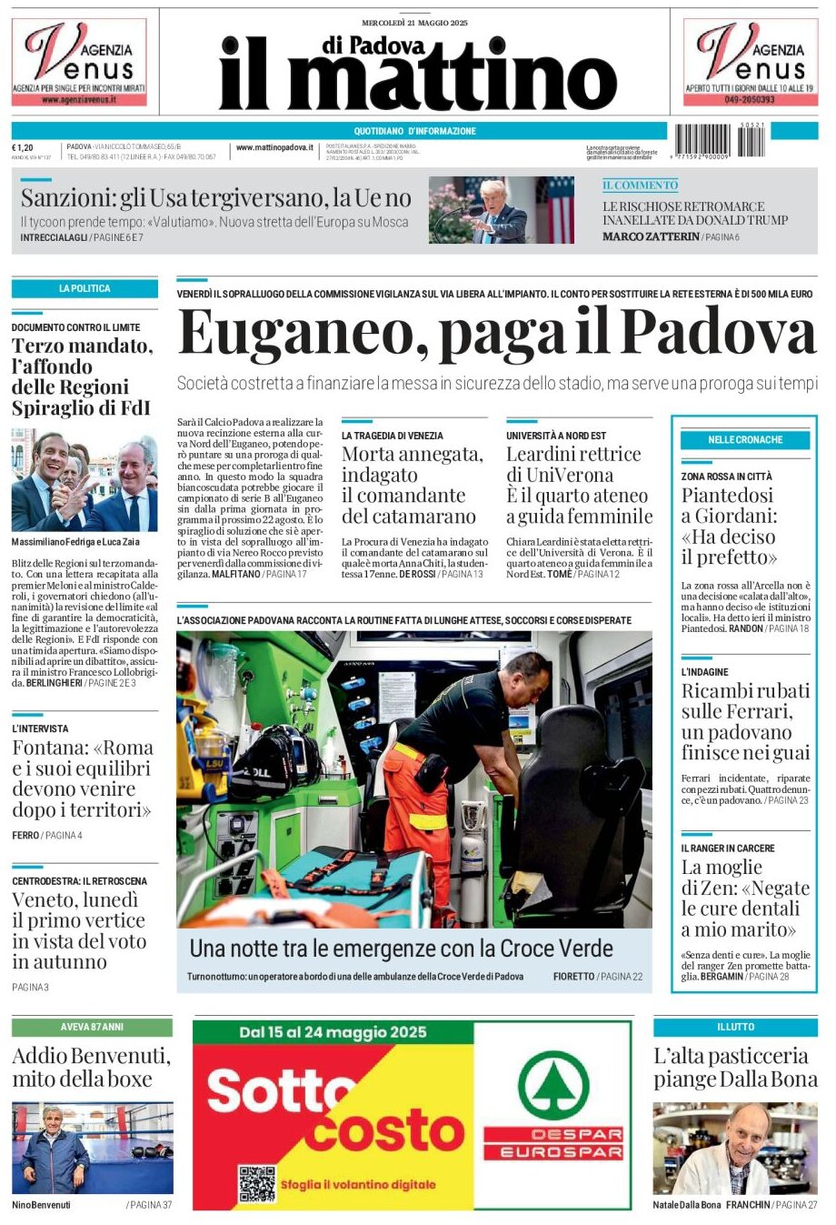 Prima Pagina Il Mattino di Padova 21/05/2025
