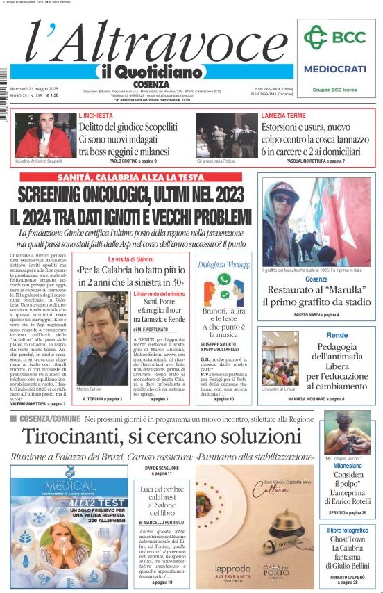 Prima Pagina Il Quotidiano del Sud (Cosenza) 21/05/2025
