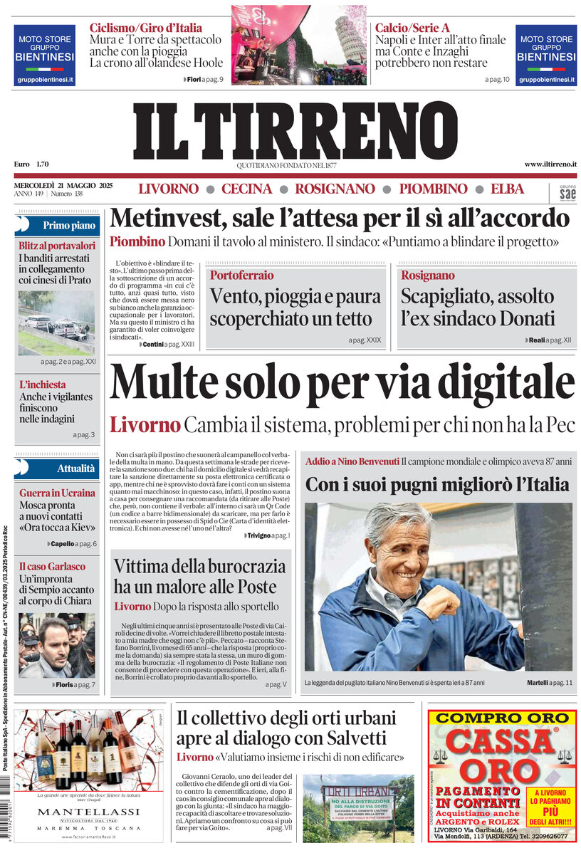 Prima Pagina Il Tirreno (Livorno, Cecina, Rosignano, Piombino, Elba) 21/05/2025