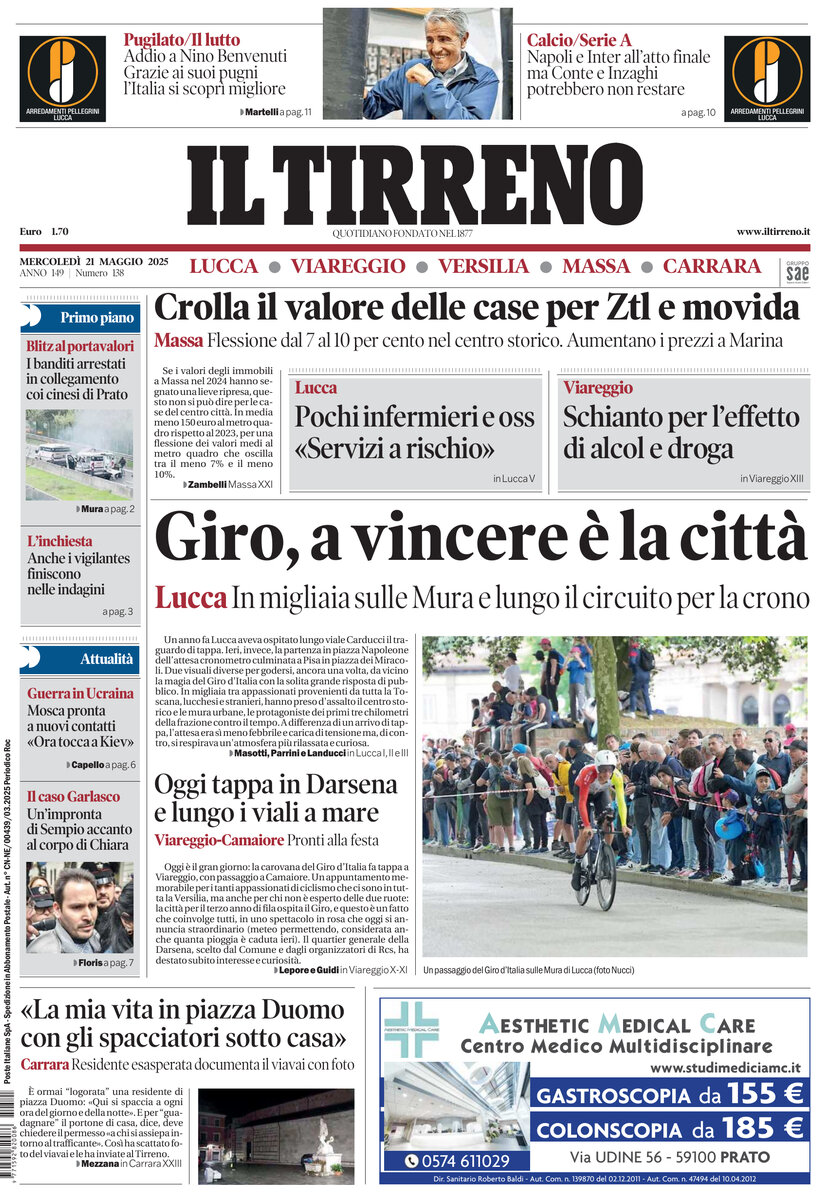 Prima Pagina Il Tirreno (Lucca, Viareggio, Versilia, Massa, Carrara) 21/05/2025