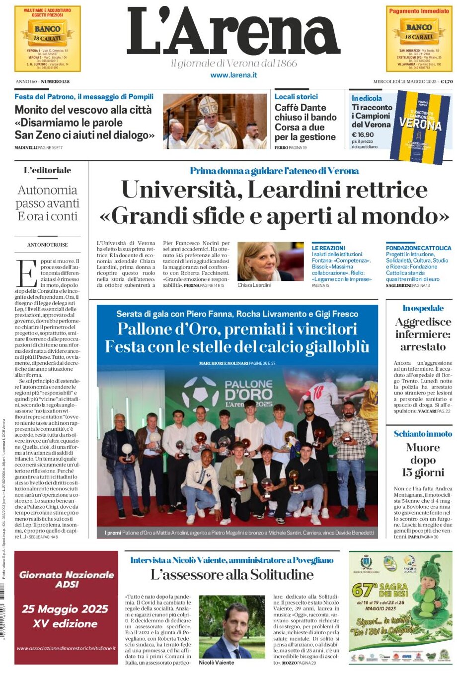 Prima Pagina L'Arena (Verona) 21/05/2025