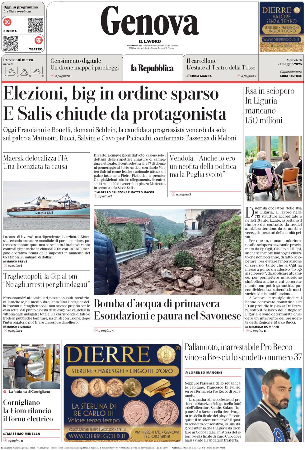 Prima Pagina La Repubblica (Genova) 21/05/2025