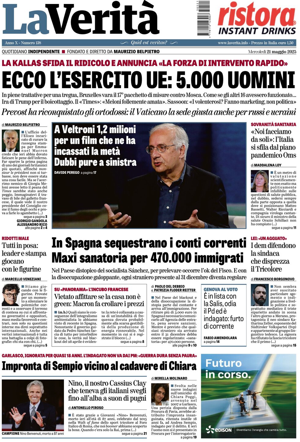 Prima Pagina La Verità 21/05/2025