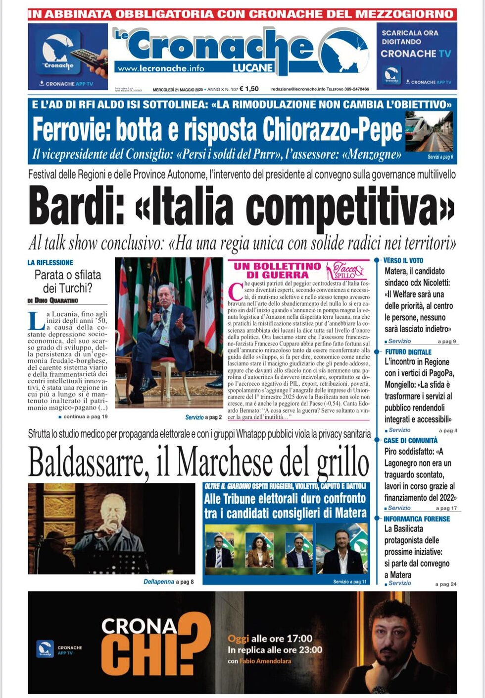 Prima Pagina Le Cronache Lucane 21/05/2025