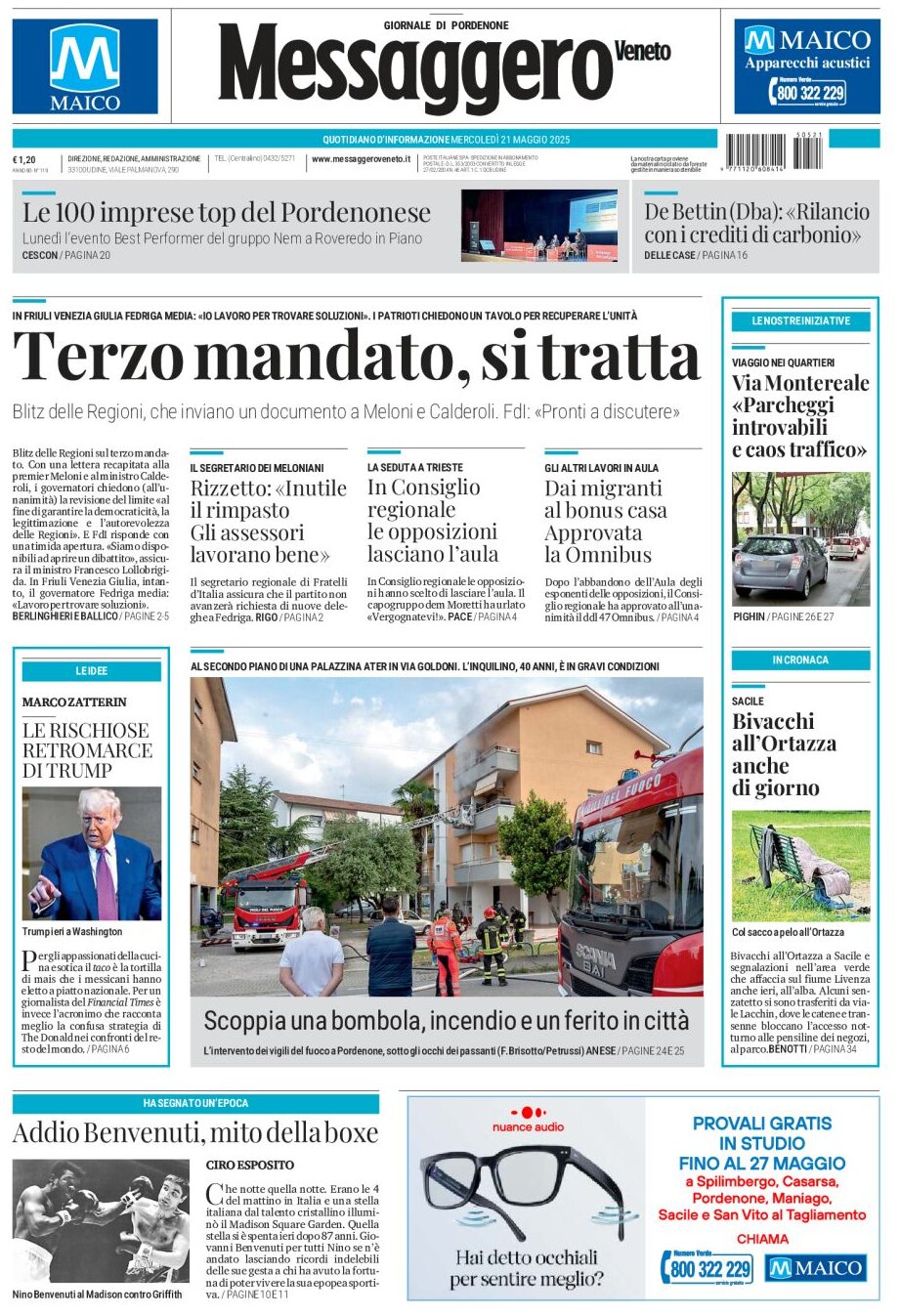 Prima Pagina Messaggero Veneto (Pordenone) 21/05/2025