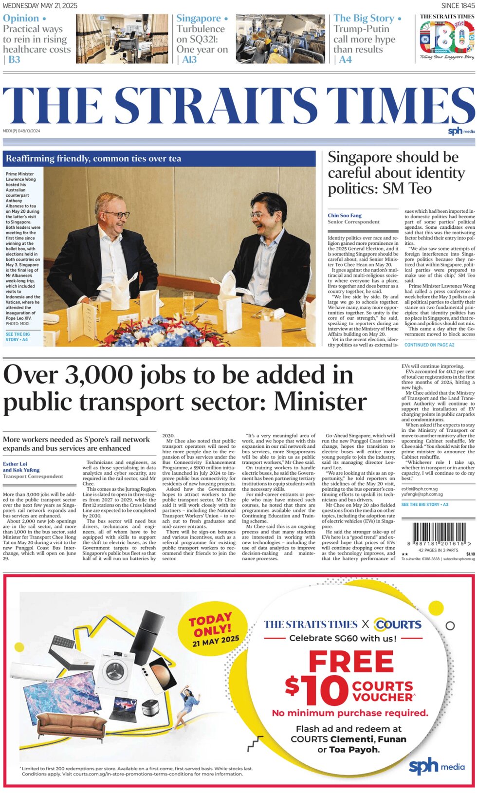 Prima Pagina The Straits Times 21/05/2025