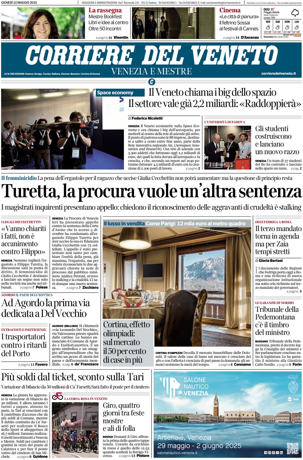 Prima Pagina Corriere del Veneto 22/05/2025