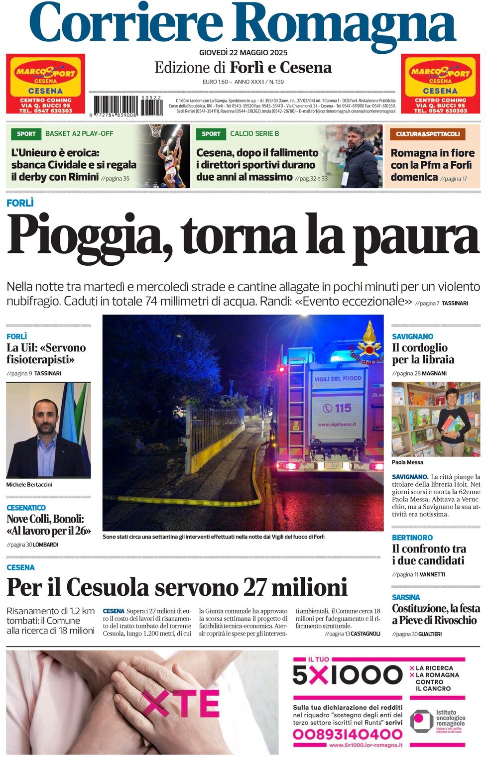 Prima Pagina Corriere Romagna (Forlì e Cesena) 22/05/2025