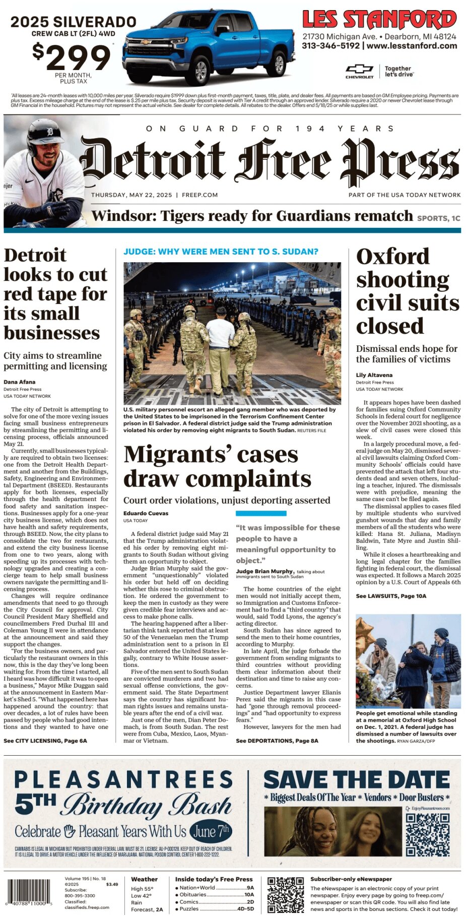 Prima Pagina Detroit Free Press 22/05/2025