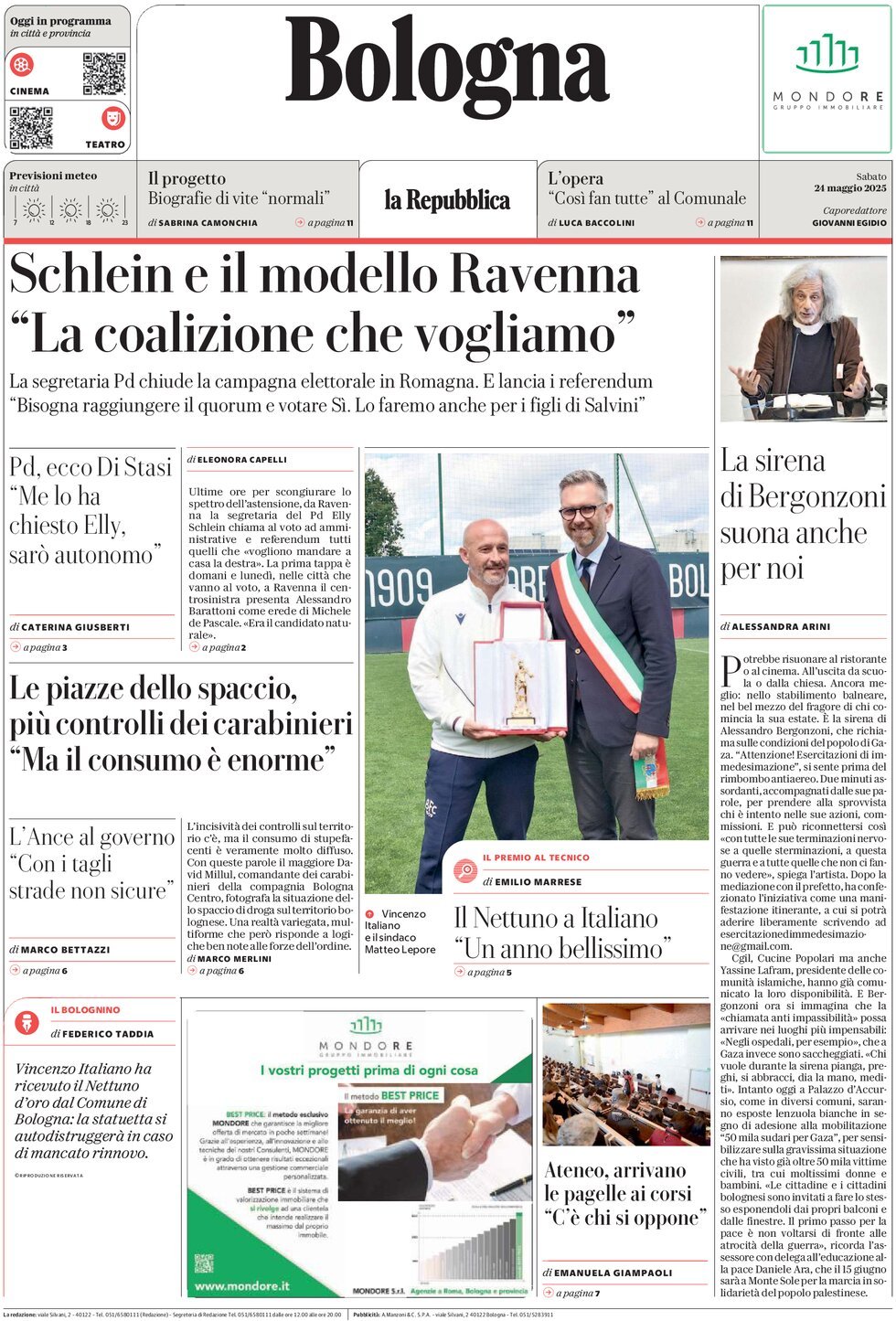 Prima Pagina La Repubblica (Bologna) 24/05/2025