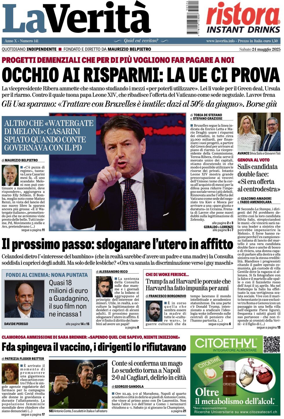 Prima Pagina La Verità 24/05/2025