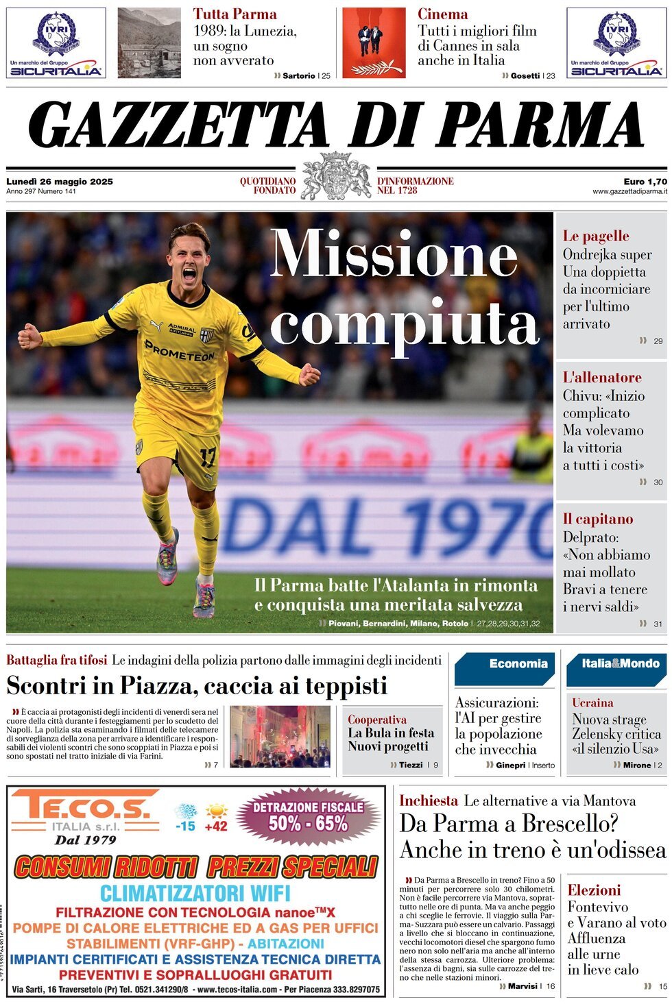 Prima Pagina Gazzetta di Parma 26/05/2025