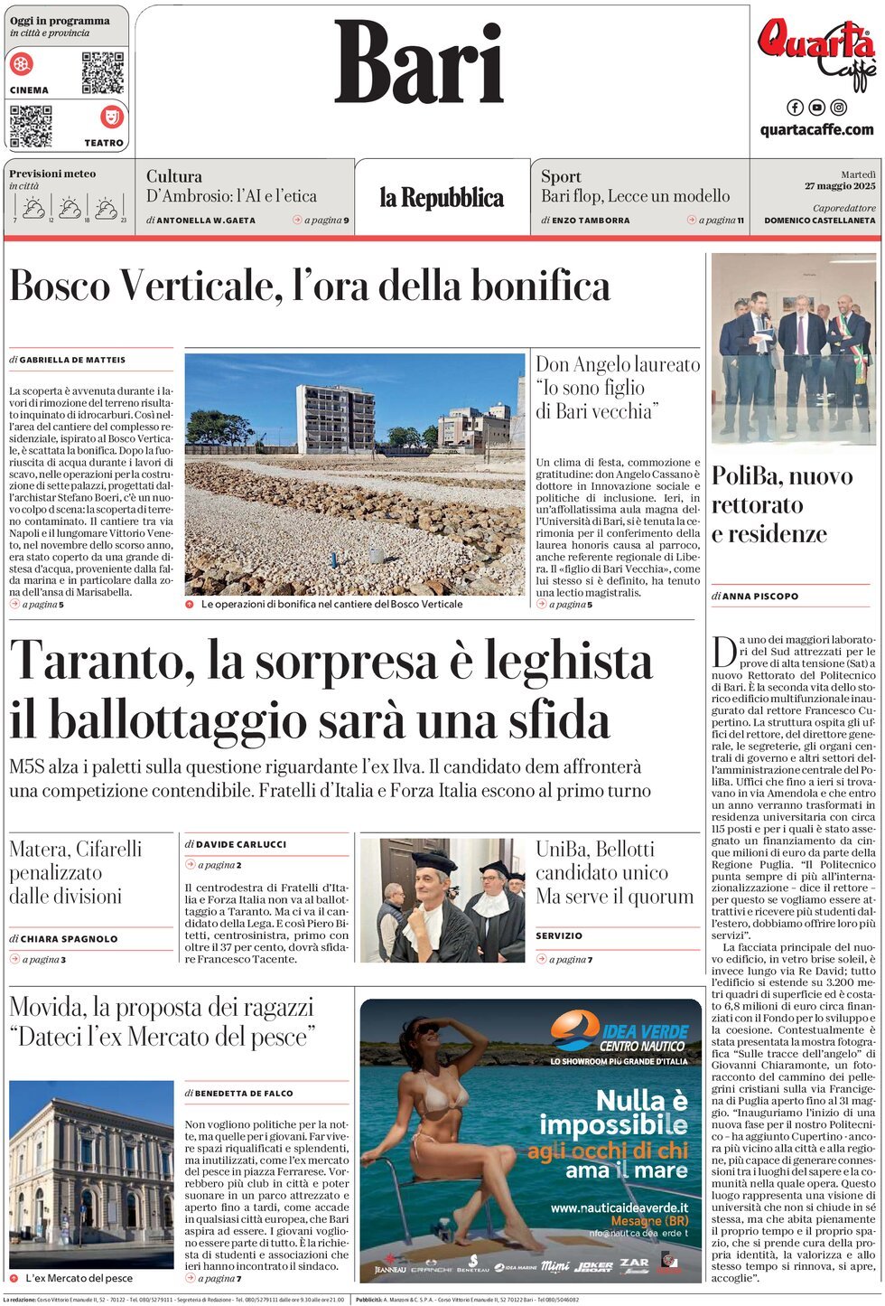 Prima Pagina La Repubblica (Bari) 27/05/2025