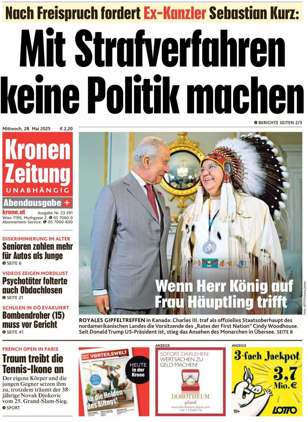 Prima Pagina Kronen Zeitung 28/05/2025