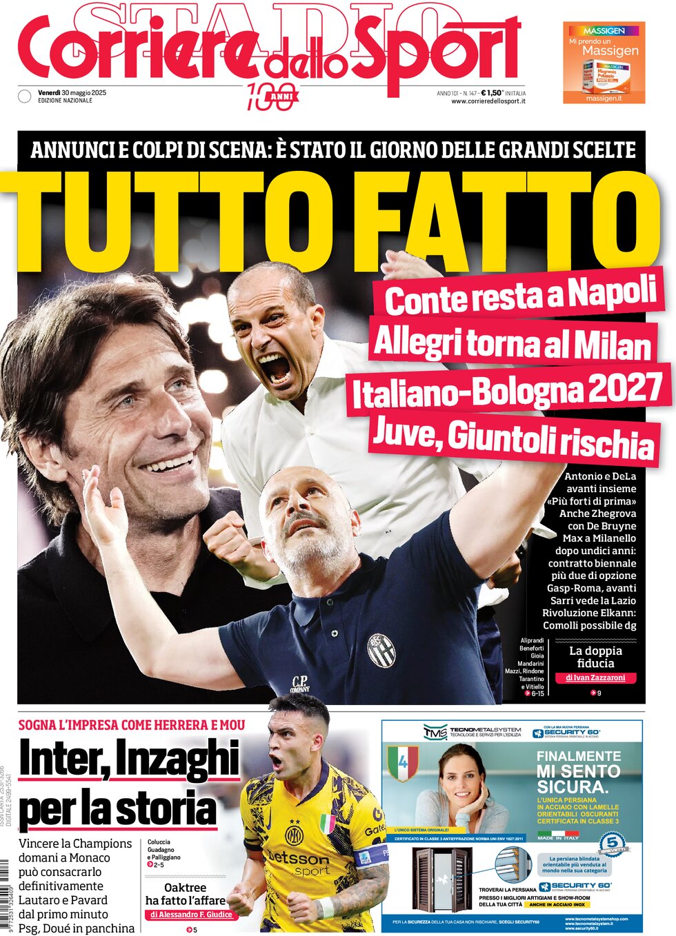 Prima Pagina Corriere dello Sport 30/05/2025