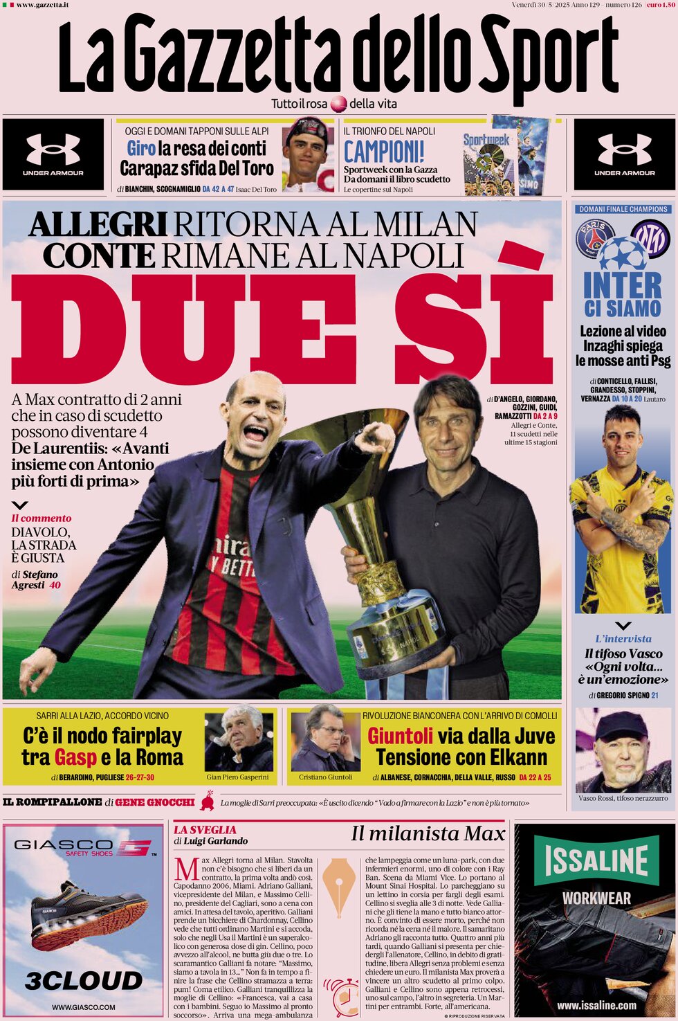 Prima Pagina La Gazzetta dello Sport 30/05/2025