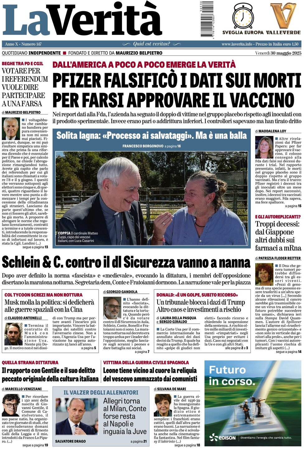 Prima Pagina La Verità 30/05/2025