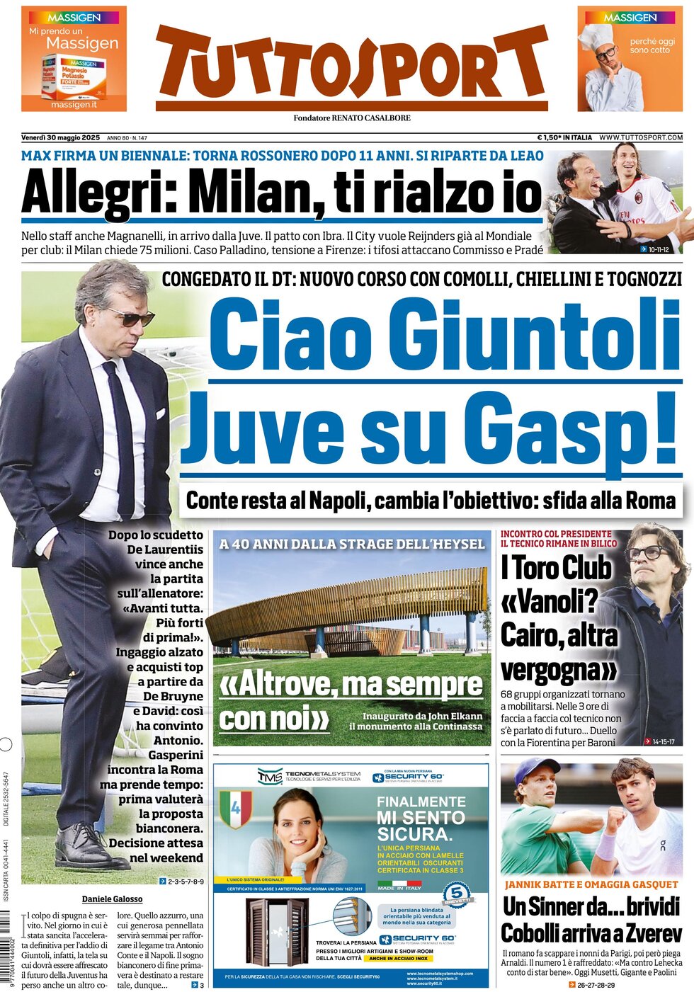Prima Pagina Tuttosport 30/05/2025