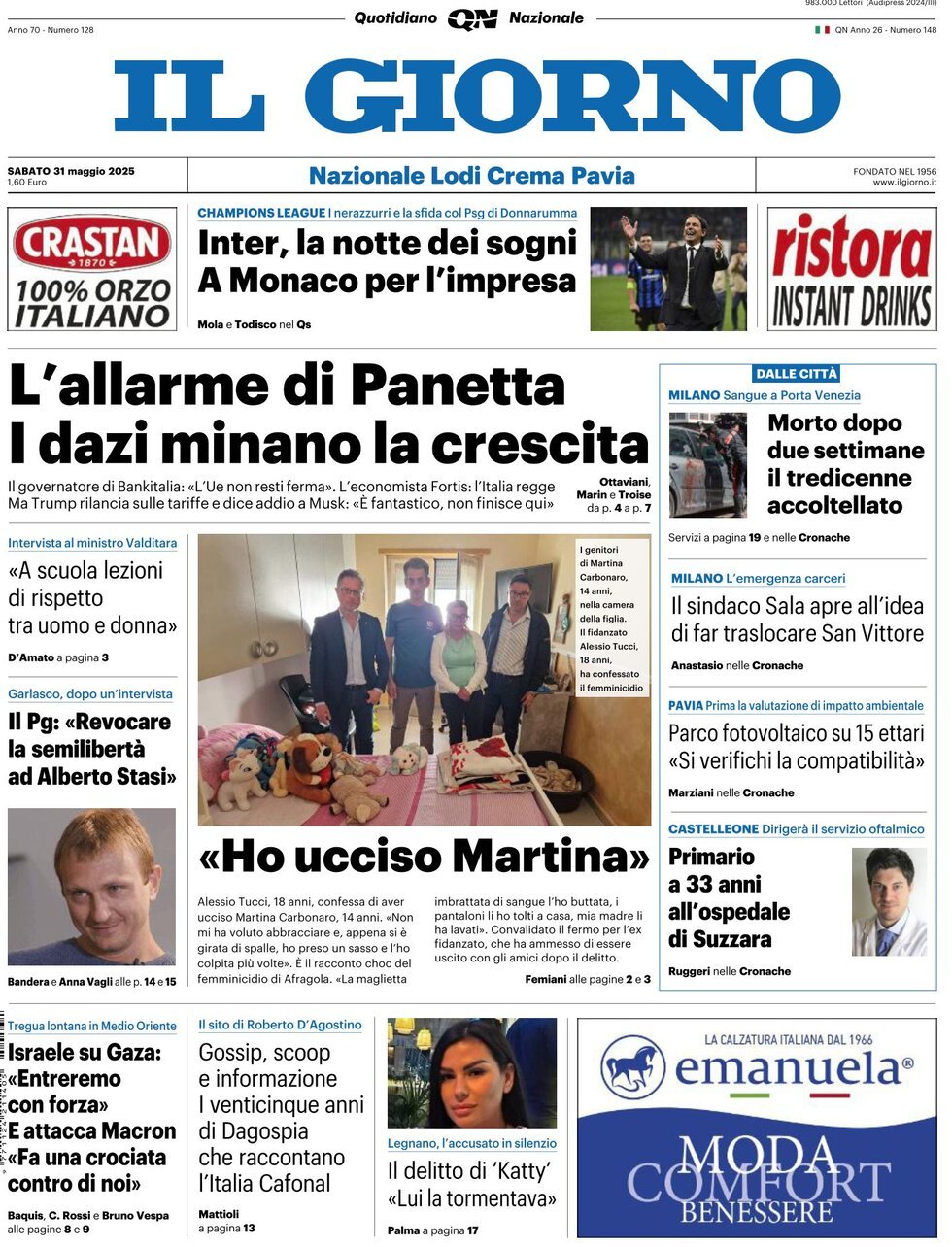 Prima Pagina Il Giorno 31/05/2025