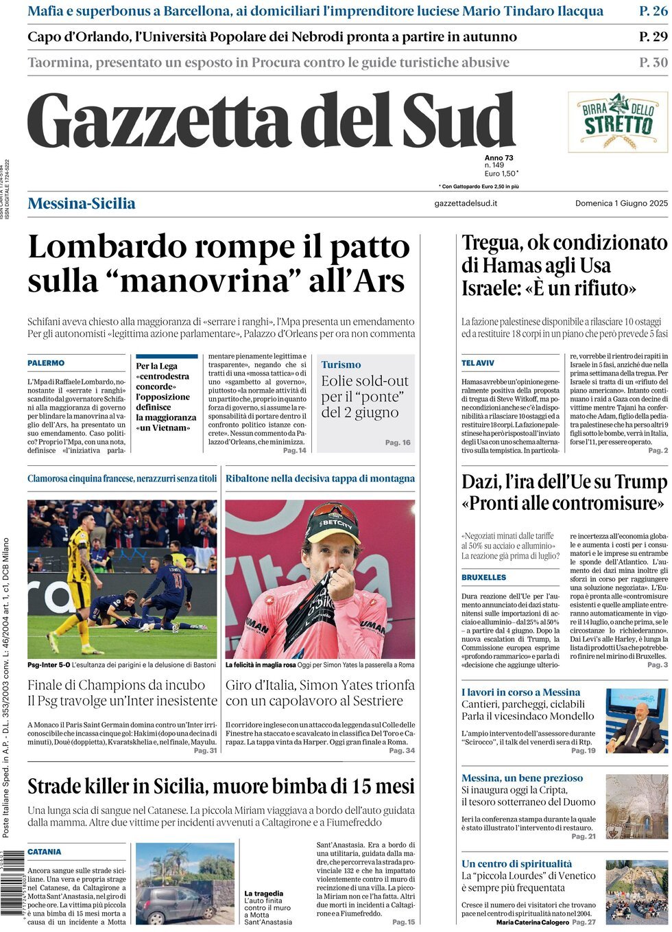 Prima Pagina Gazzetta del Sud (Messina) 01/06/2025