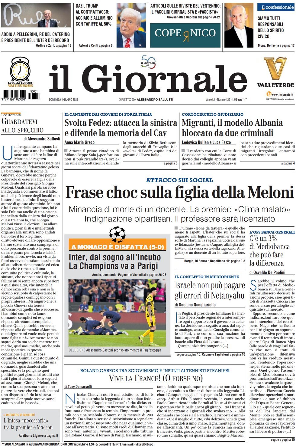 Prima Pagina Il Giornale 01/06/2025