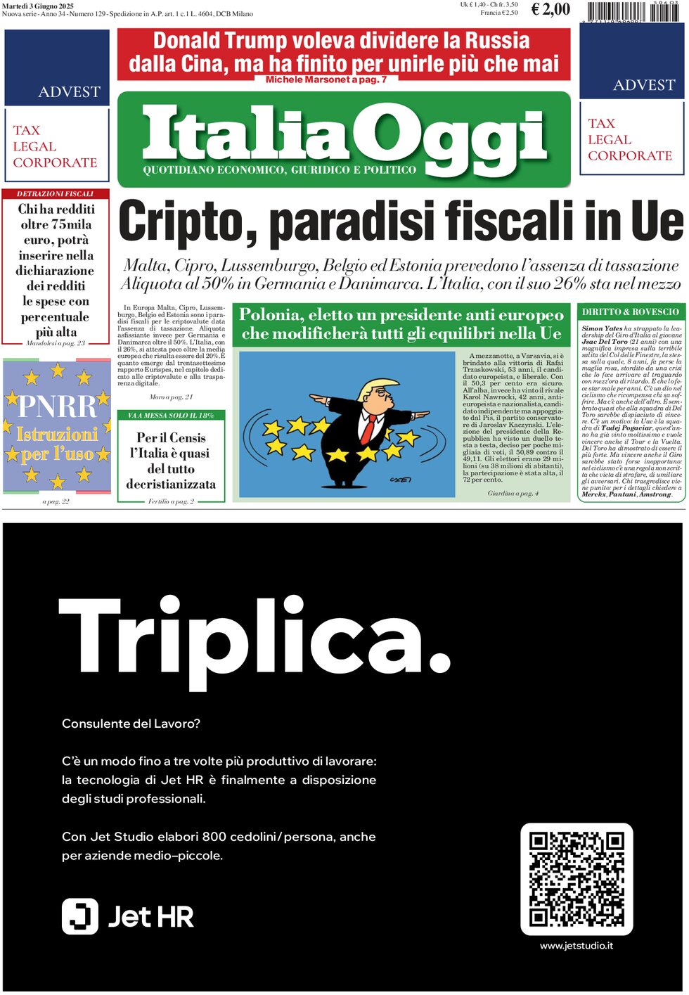 Prima Pagina ItaliaOggi 03/06/2025