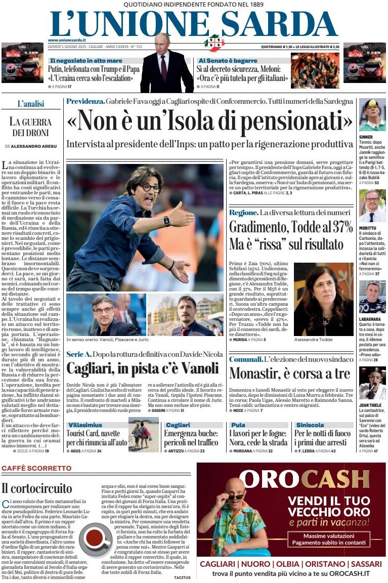 Prima Pagina L'Unione Sarda 06/06/2025