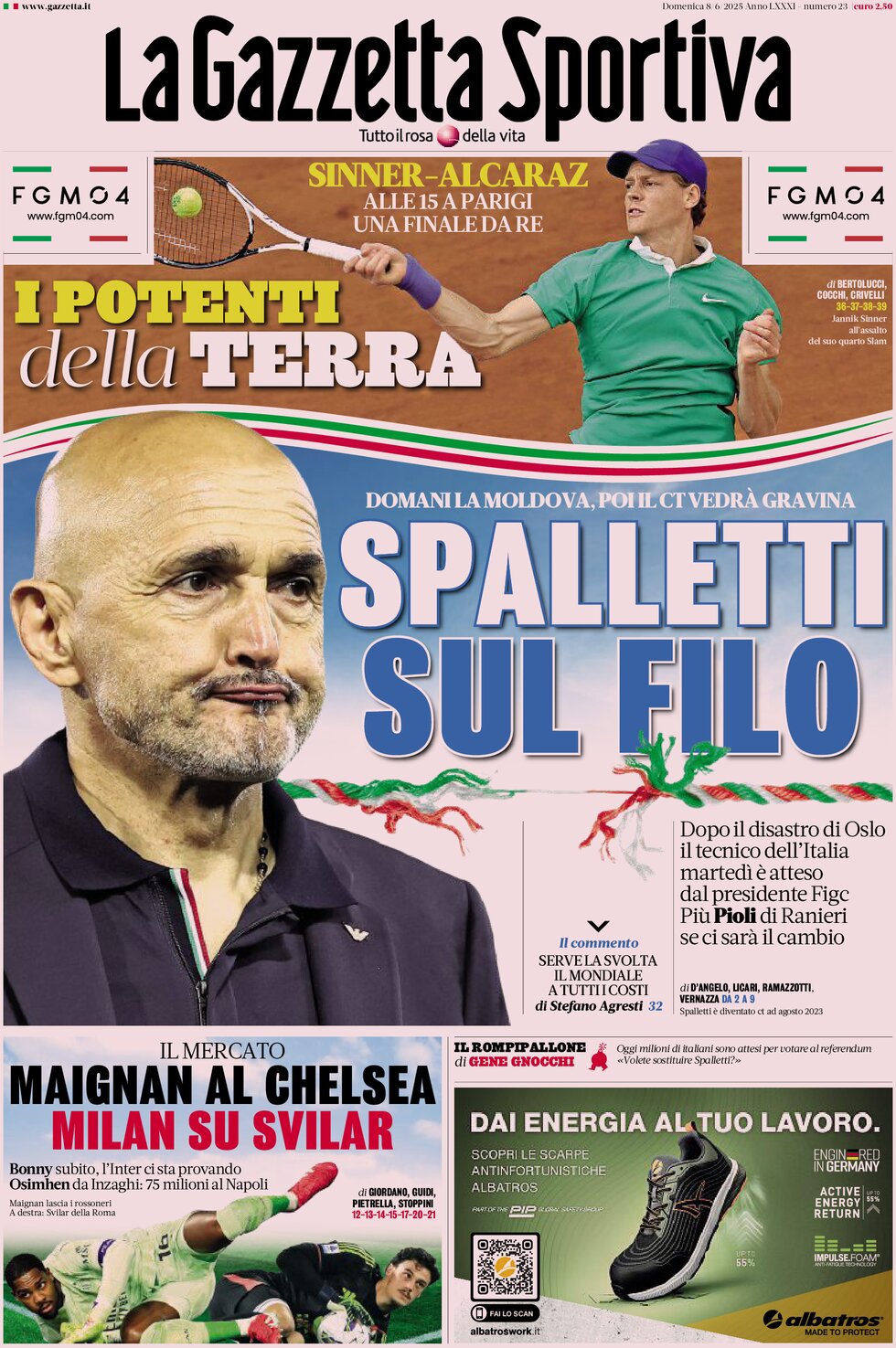 Prima Pagina La Gazzetta dello Sport 08/06/2025