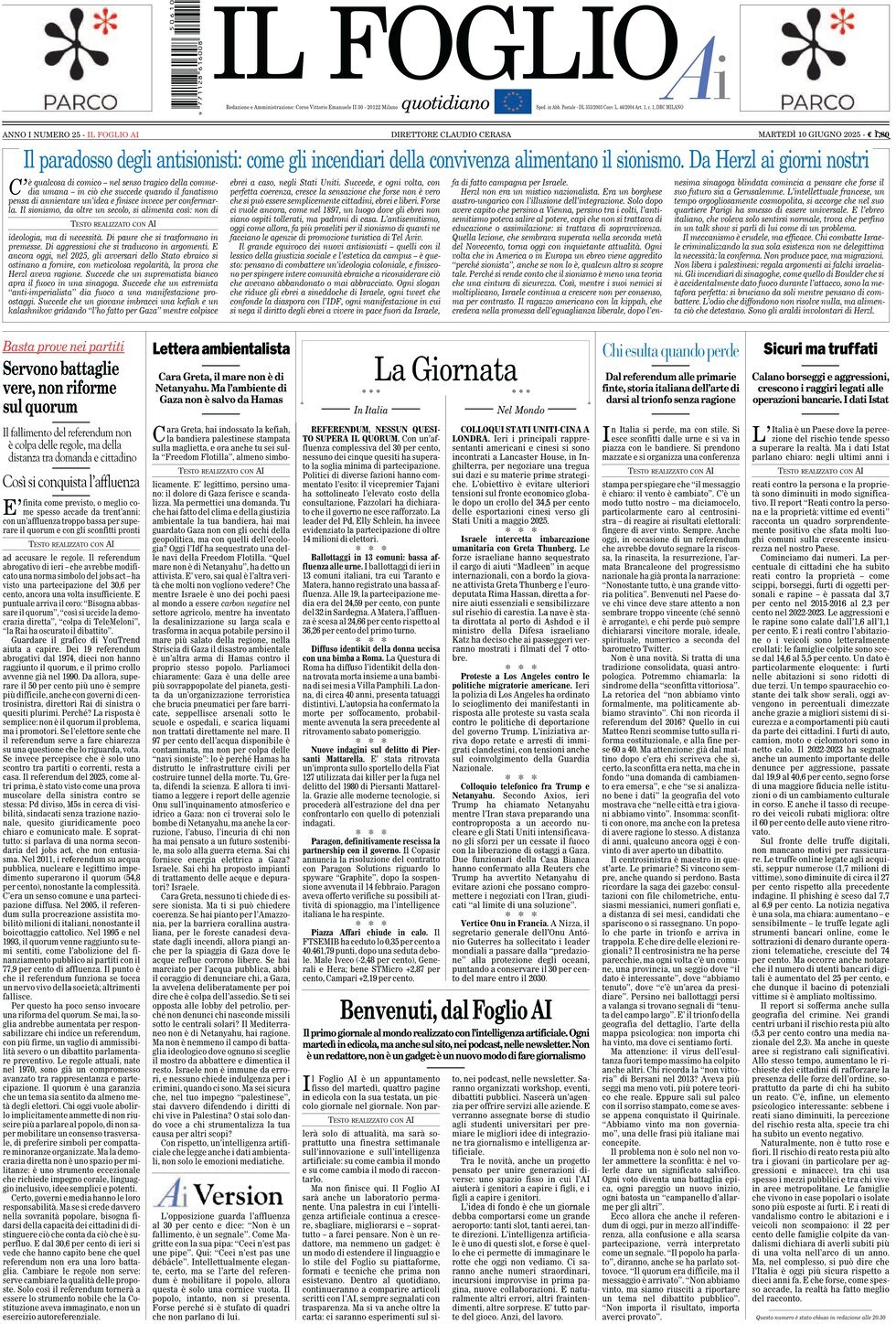 Prima Pagina Il Foglio AI 10/06/2025
