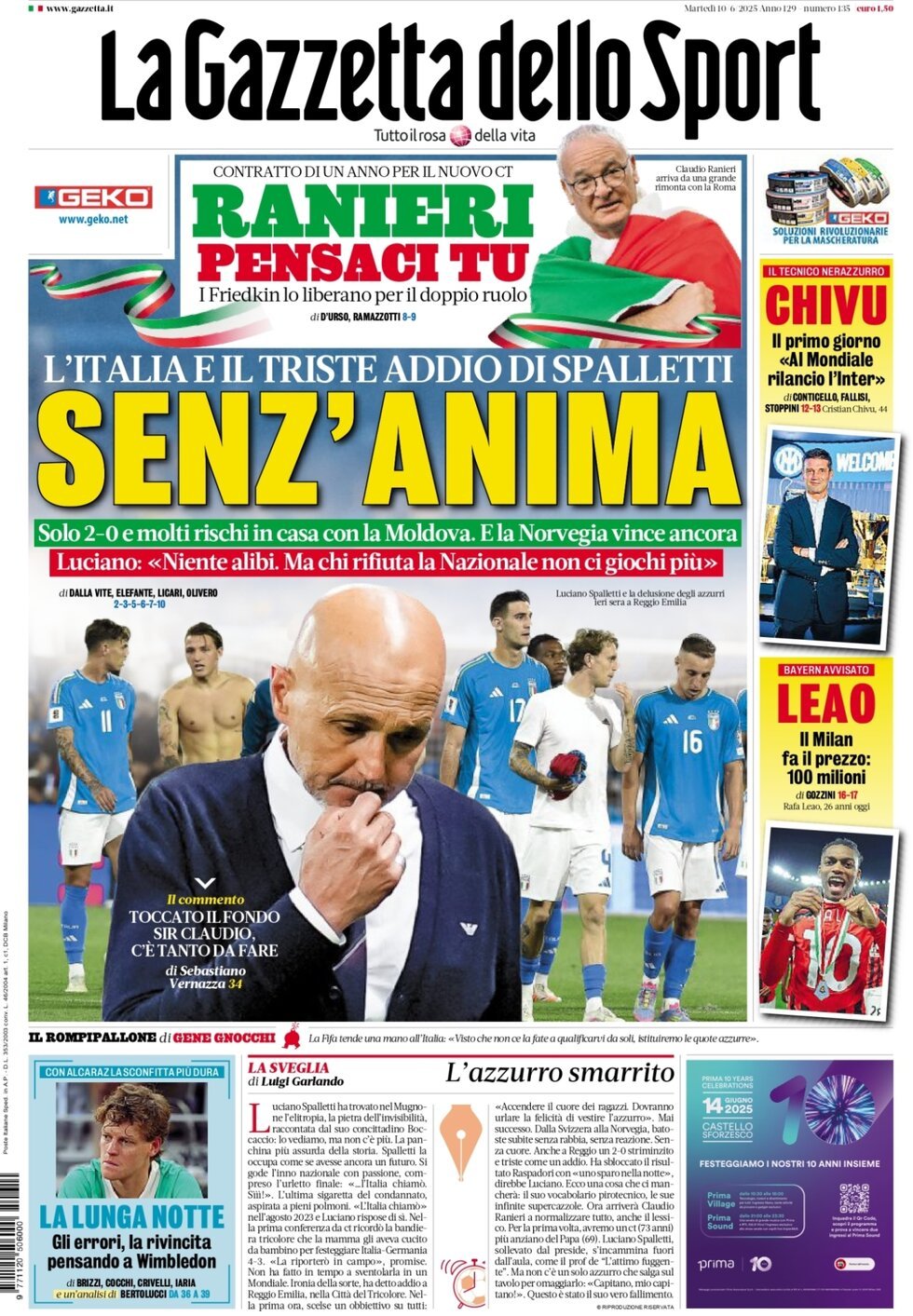 Prima Pagina La Gazzetta dello Sport 10/06/2025