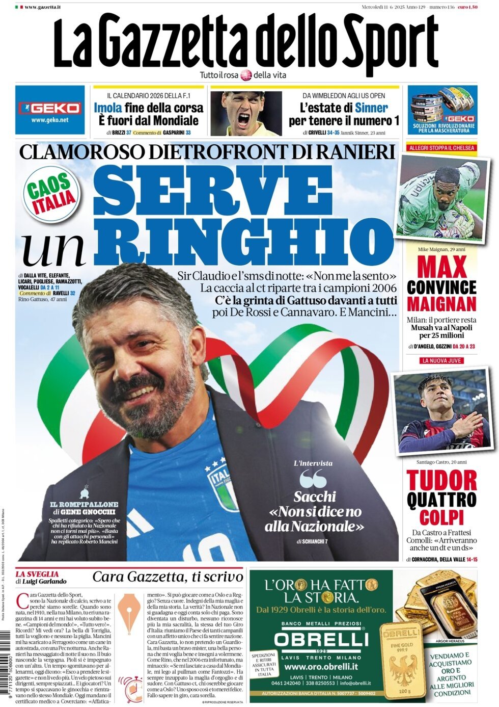 Prima Pagina La Gazzetta dello Sport 11/06/2025