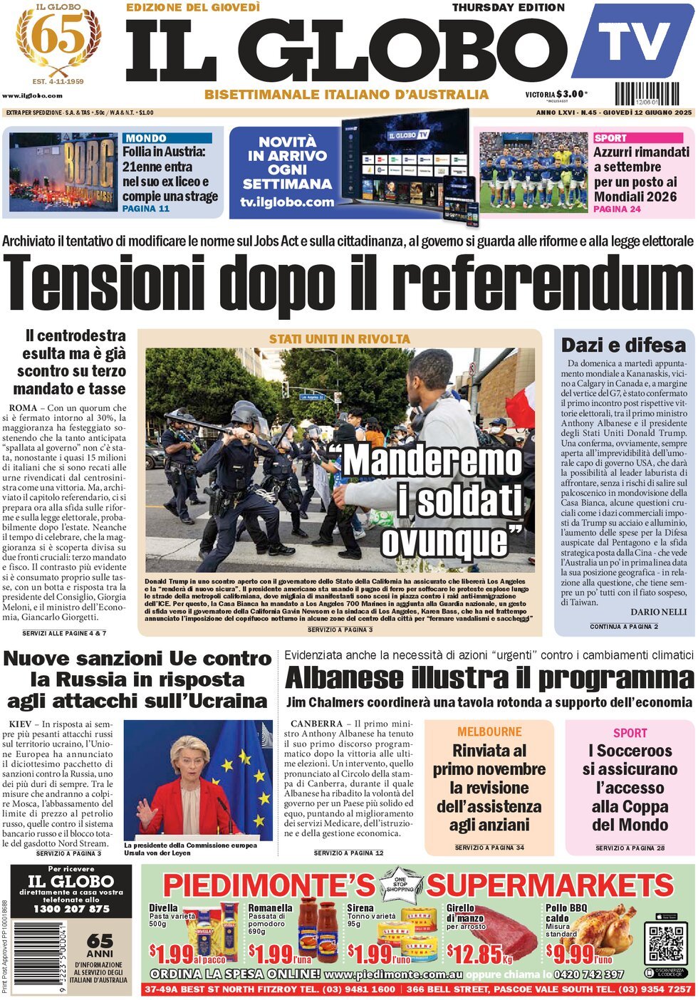 Copertina Il Globo 12/06/2025