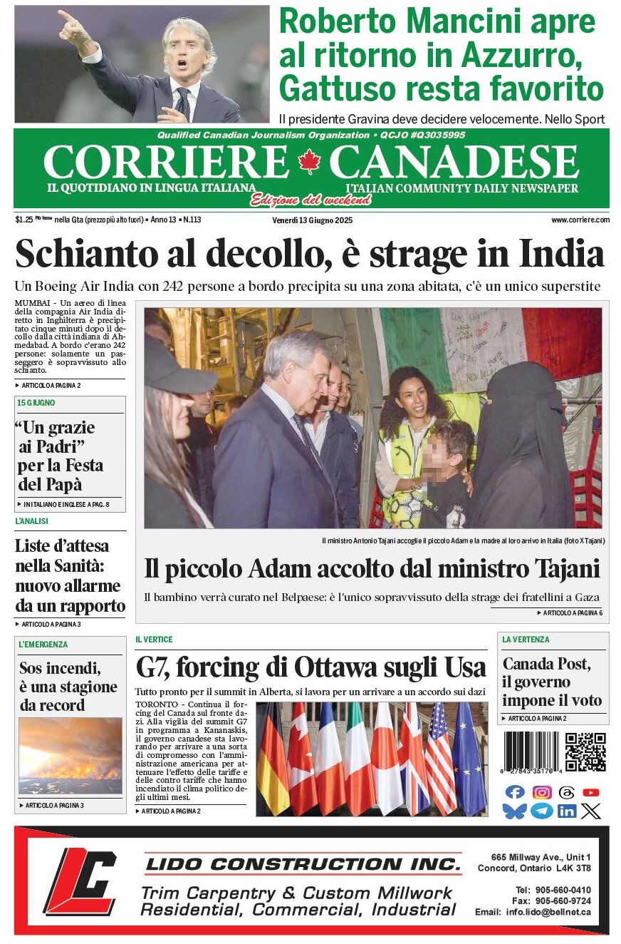 Prima Pagina Corriere Canadese 13/06/2025