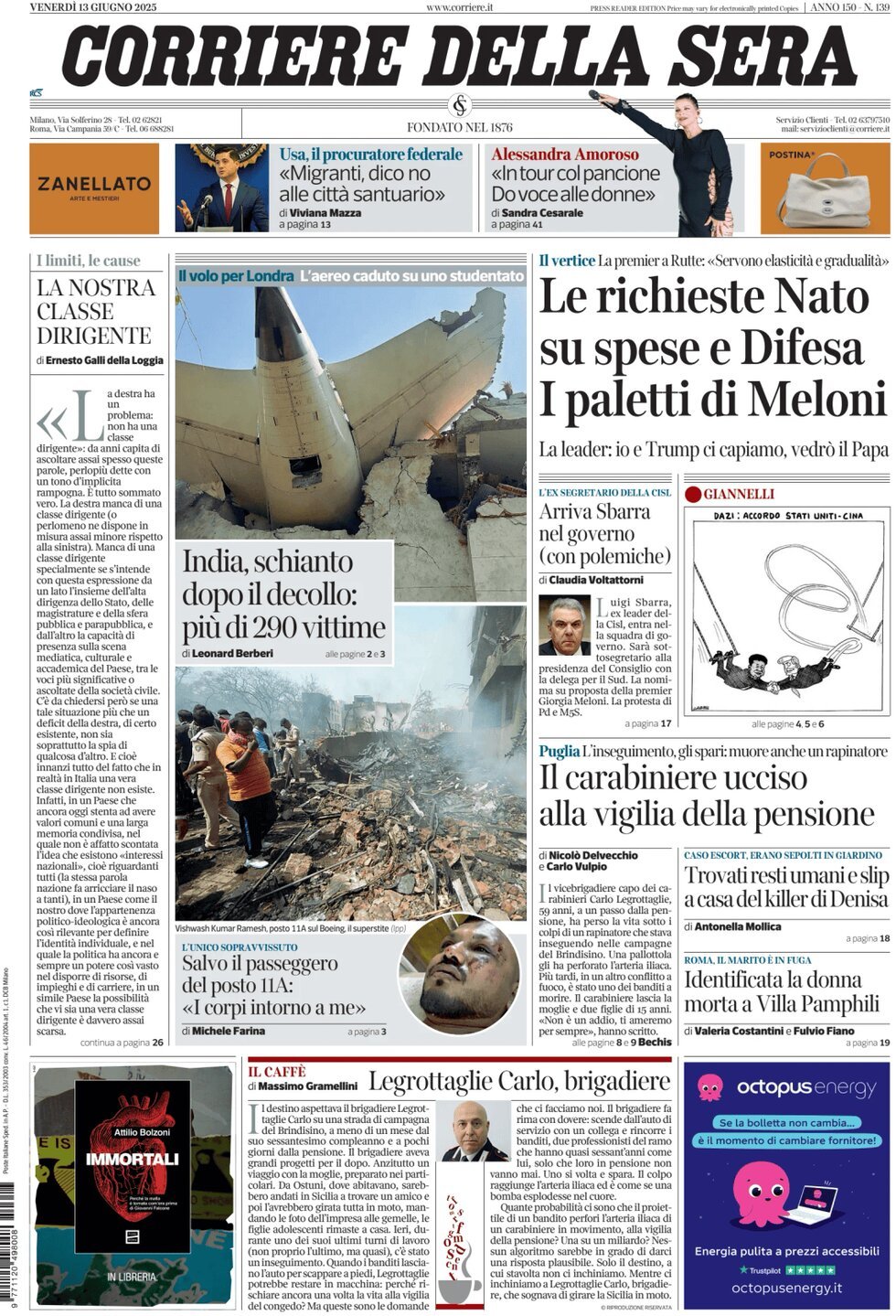 Prima Pagina Corriere della Sera 13/06/2025