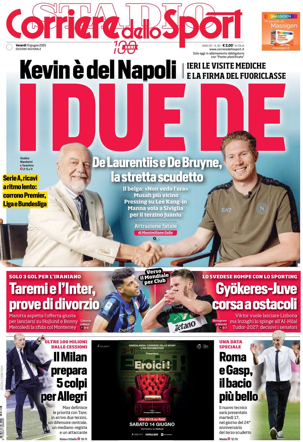 Prima Pagina Corriere dello Sport 13/06/2025