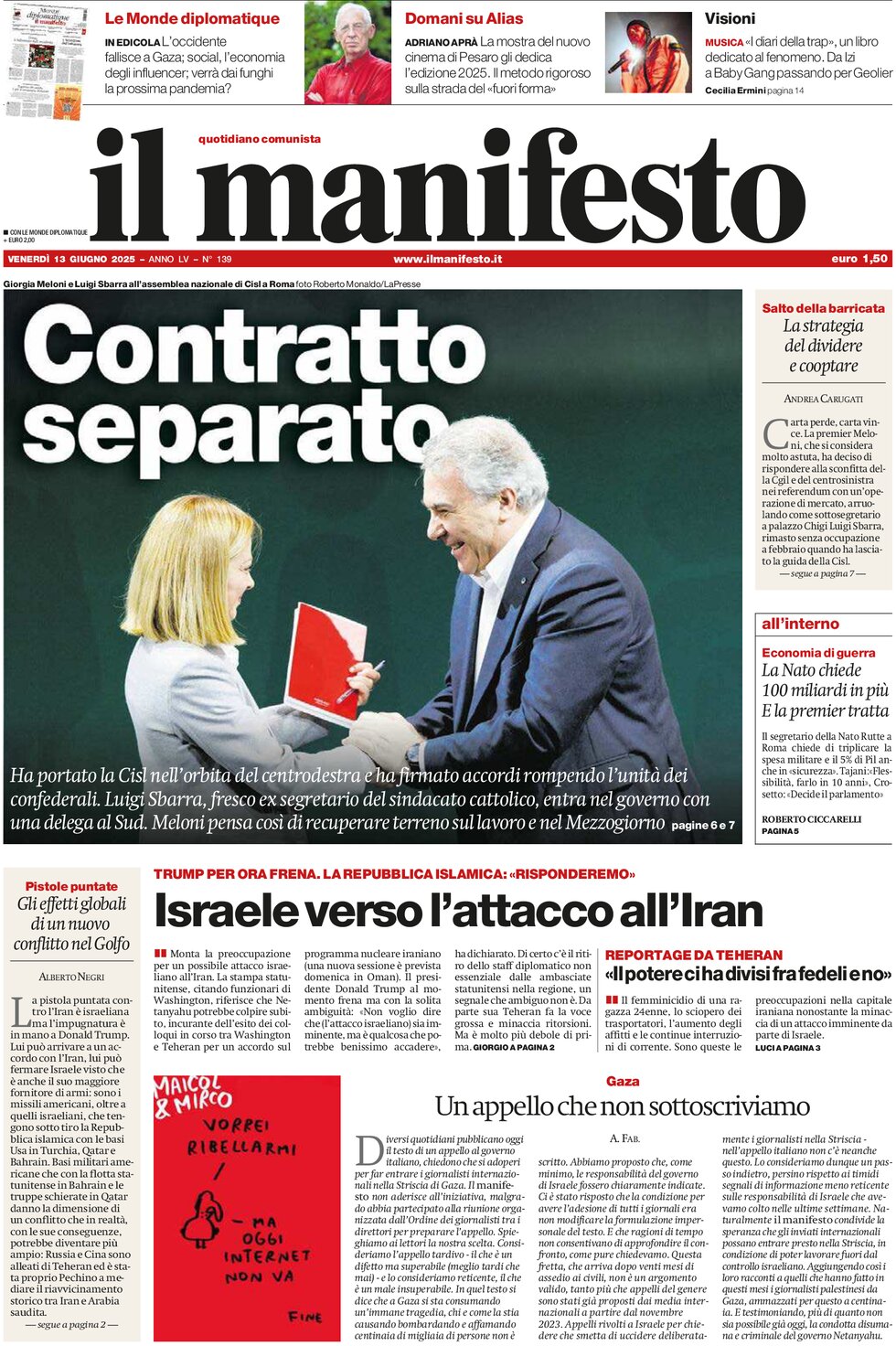 Prima Pagina Il Manifesto 13/06/2025
