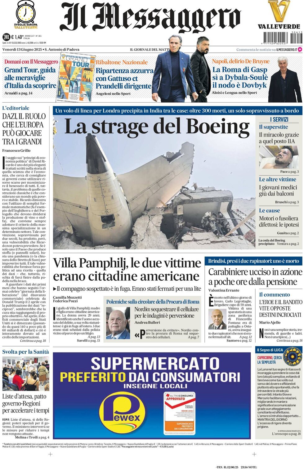 Prima Pagina Il Messaggero 13/06/2025
