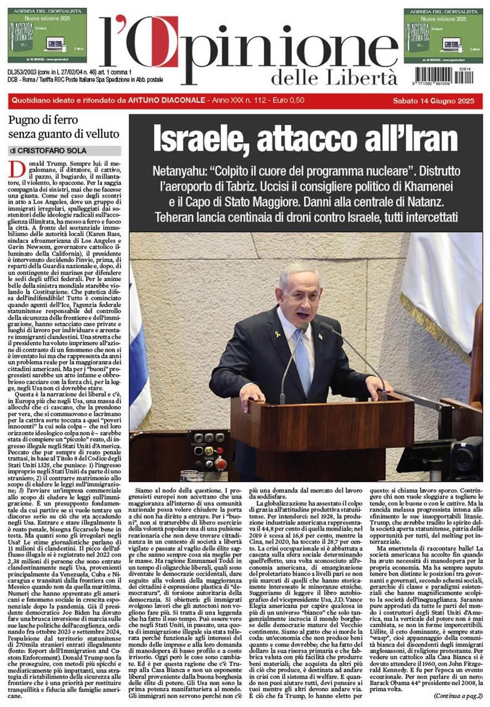 Prima Pagina L'Opinione delle Libertà 14/06/2025