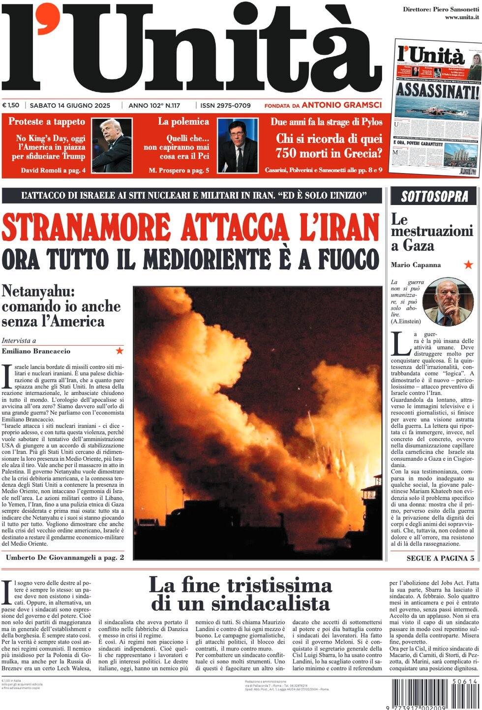 Prima Pagina L'Unità 14/06/2025