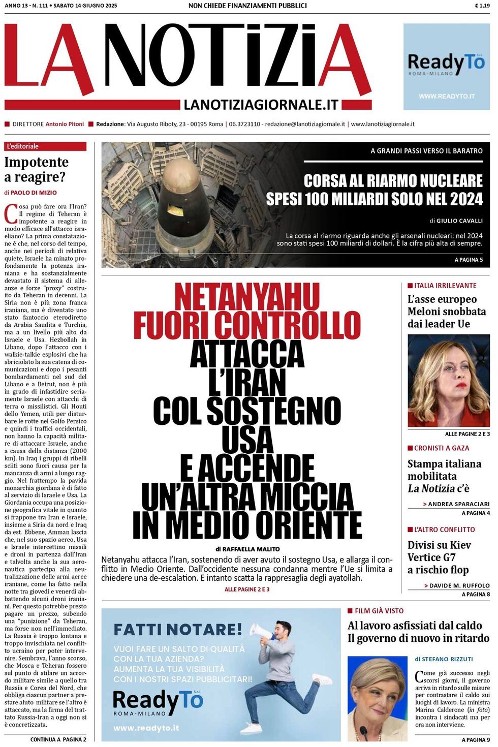 Prima Pagina La Notizia 14/06/2025