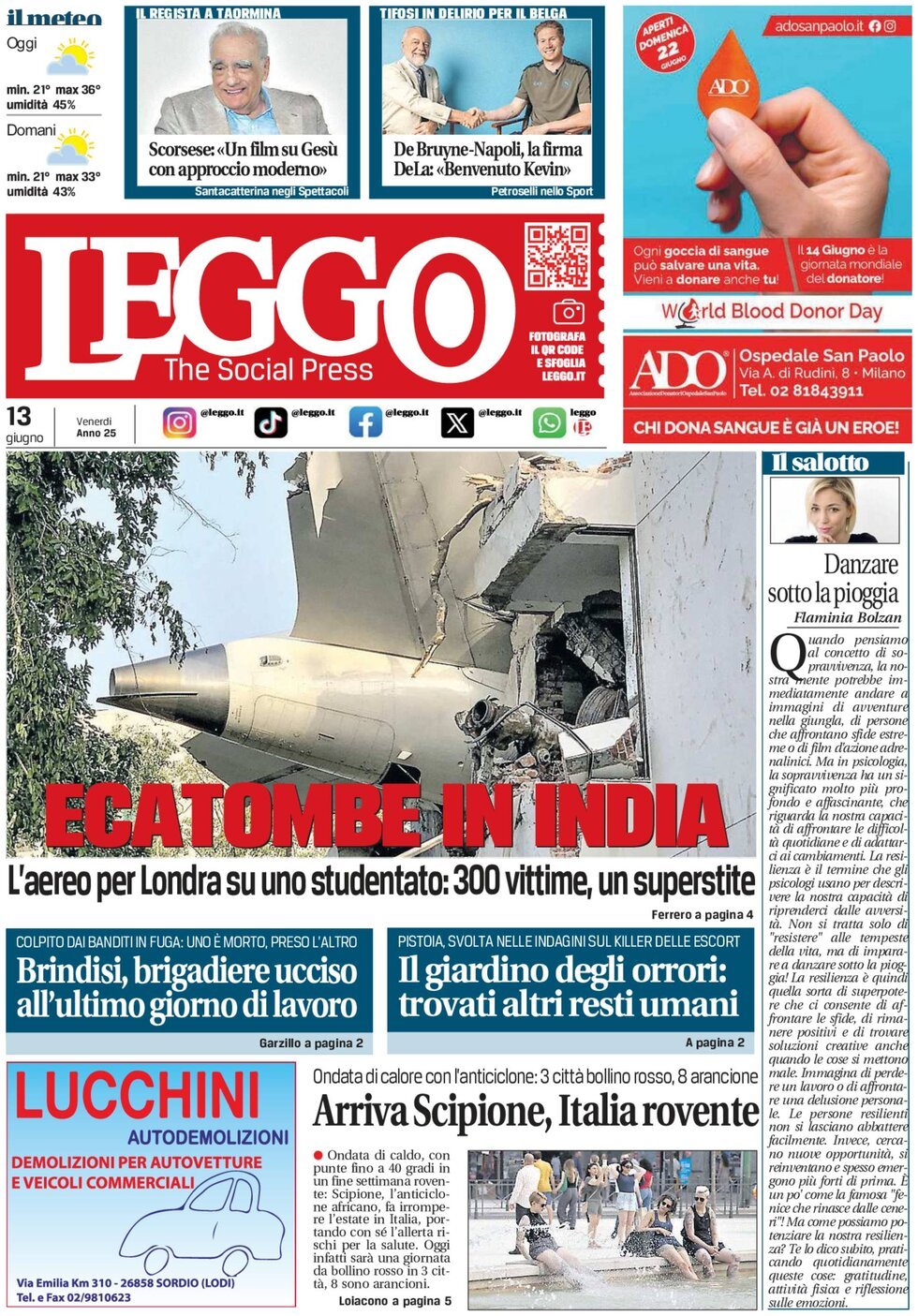 Prima Pagina Leggo (Milano) 13/06/2025