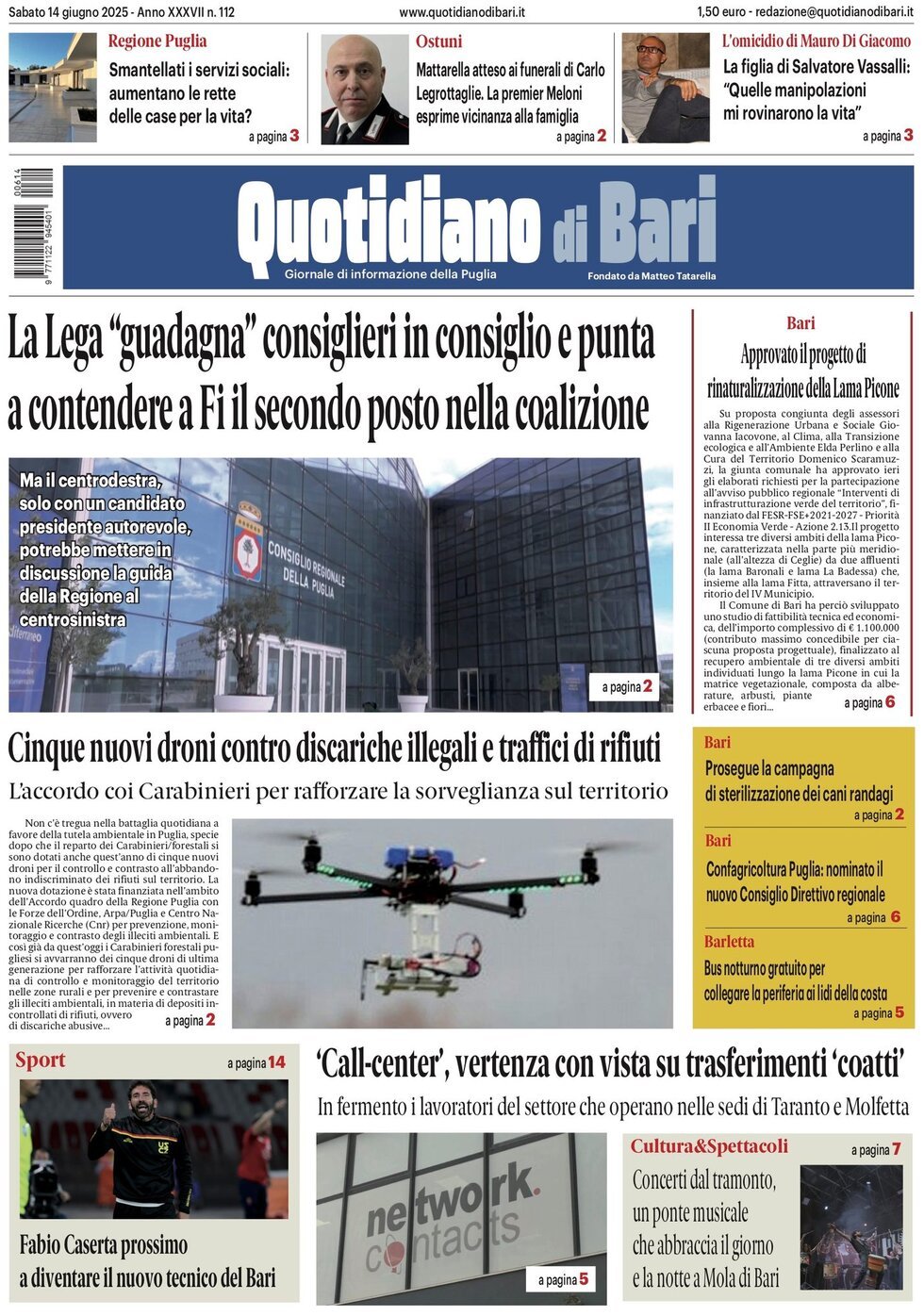 Prima Pagina Quotidiano di Bari 14/06/2025