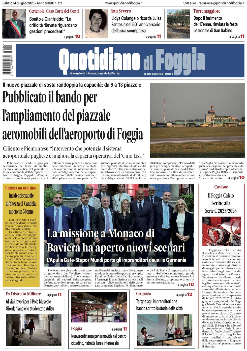 Prima Pagina Quotidiano di Foggia 14/06/2025