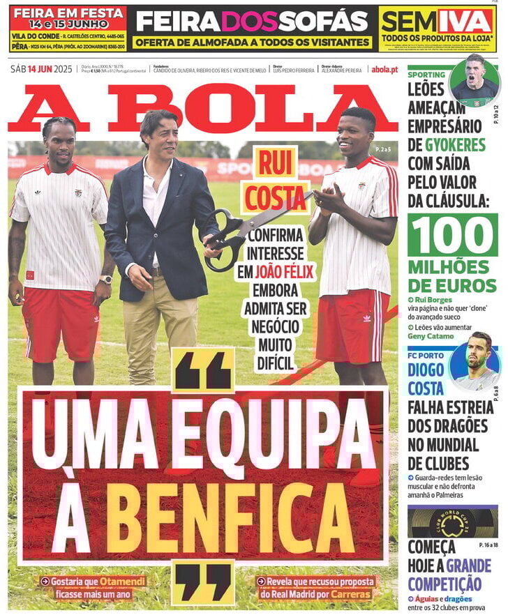 Prima Pagina A Bola 14/06/2025