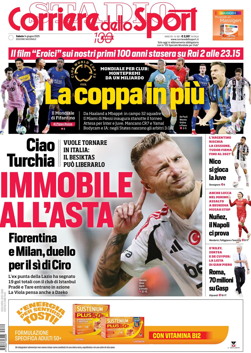 Prima Pagina Corriere dello Sport 14/06/2025