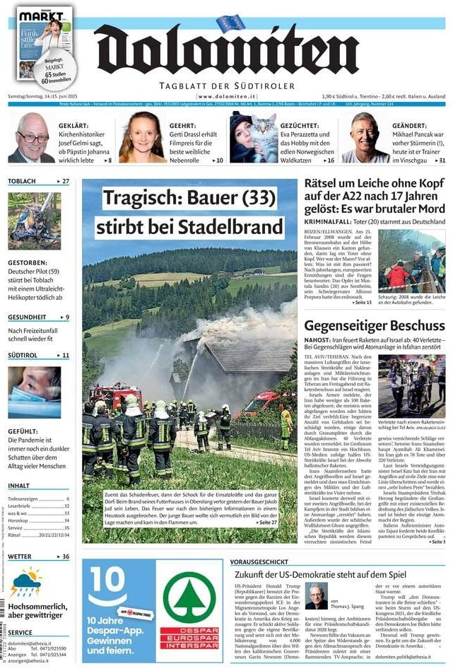 Prima Pagina Dolomiten 15/06/2025