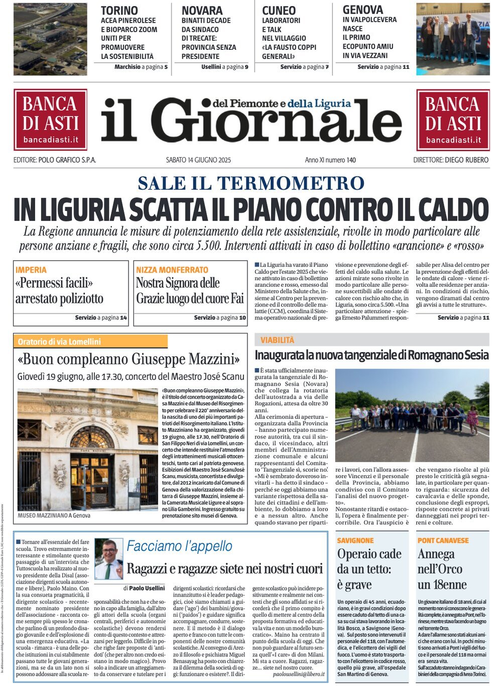Prima Pagina Il Giornale del Piemonte e della Liguria 14/06/2025